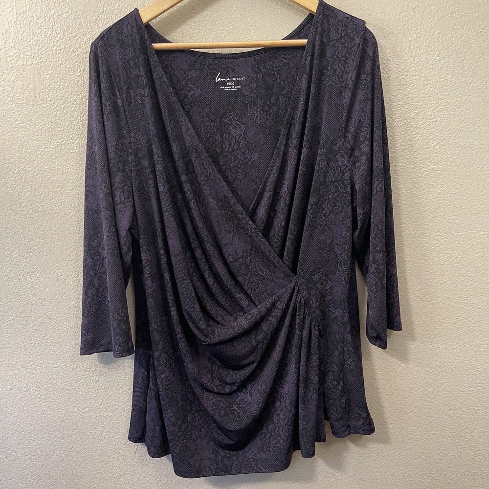 Lane Bryant Asymmetrical Lace Print Top Ruched Purple Office Classy Dressy 18/20